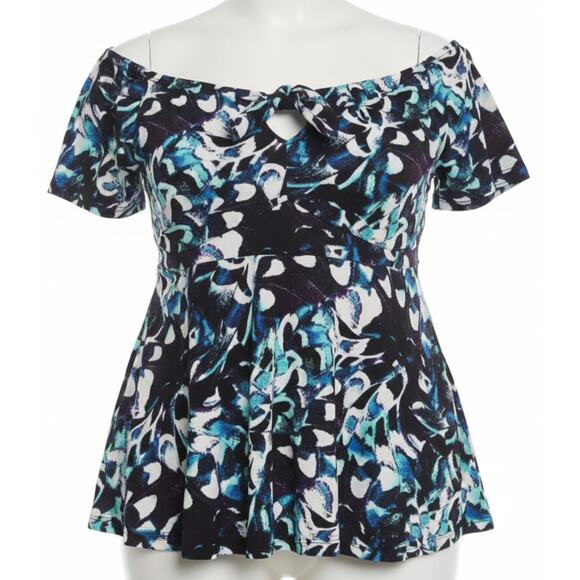 Torrid Babydoll Blouse Plus 4X Blue Green Floral Super Soft Knit Short Sleeve - Picture 1 of 8